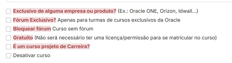 Checkboxes de configuração do curso