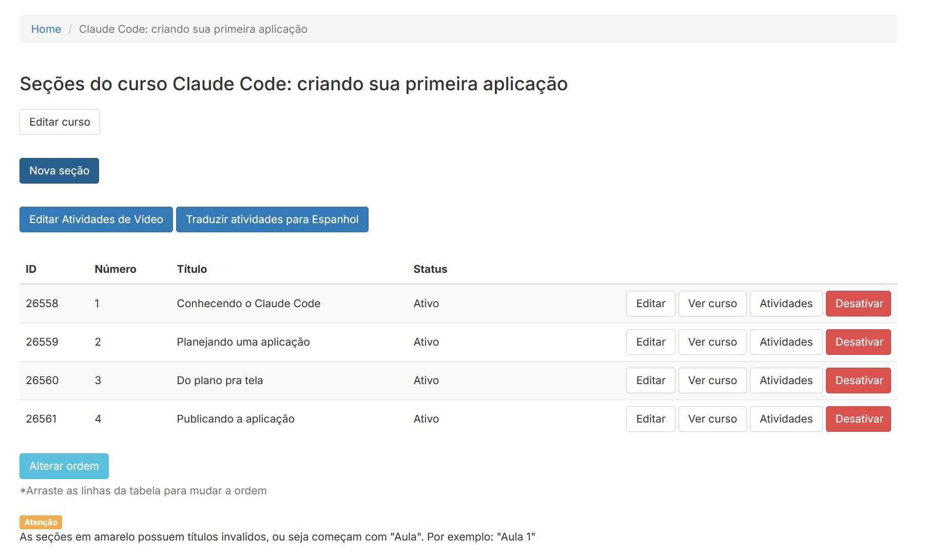 Tela de seções do curso