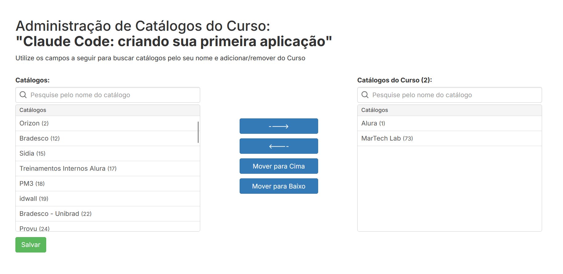 Tela de associação de catálogos do curso