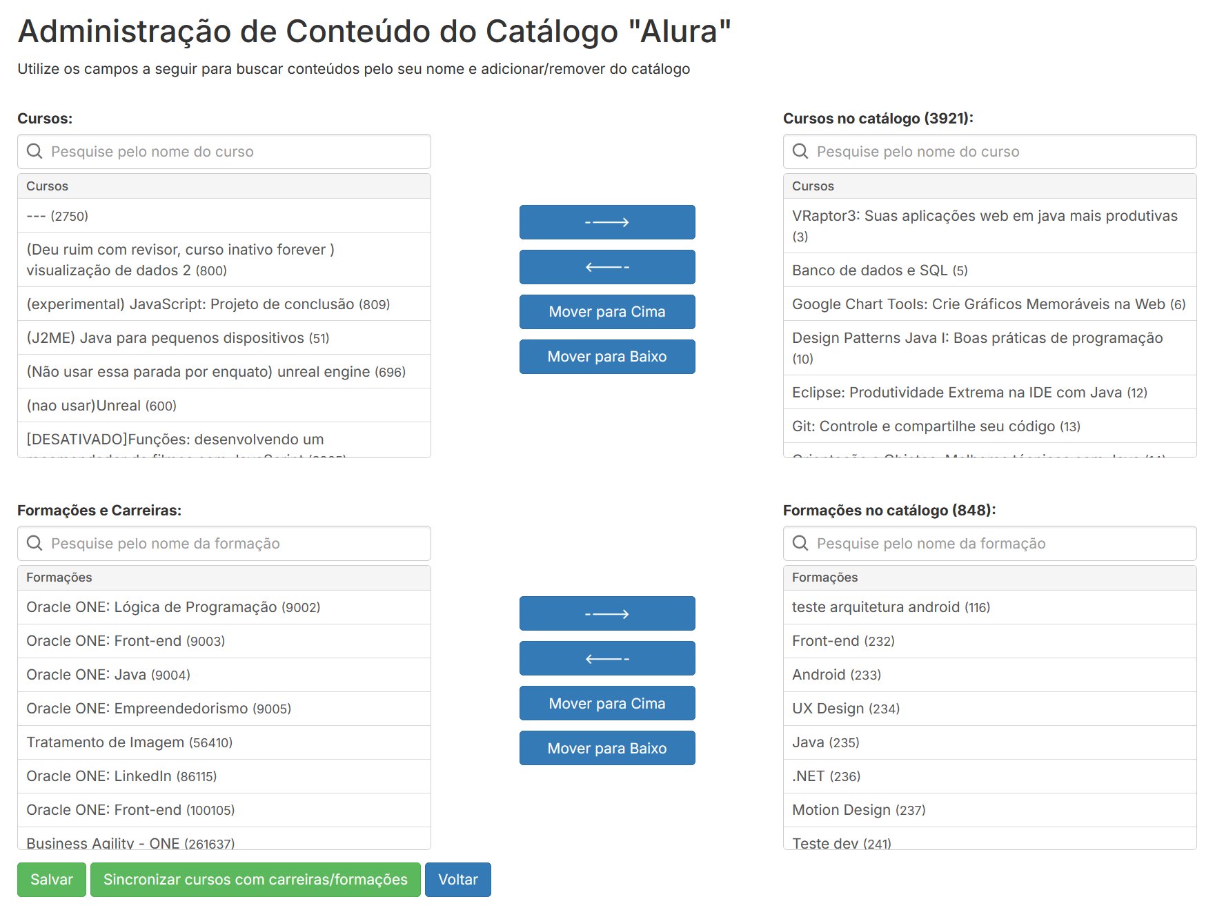 Tela de associação de cursos ao catálogo