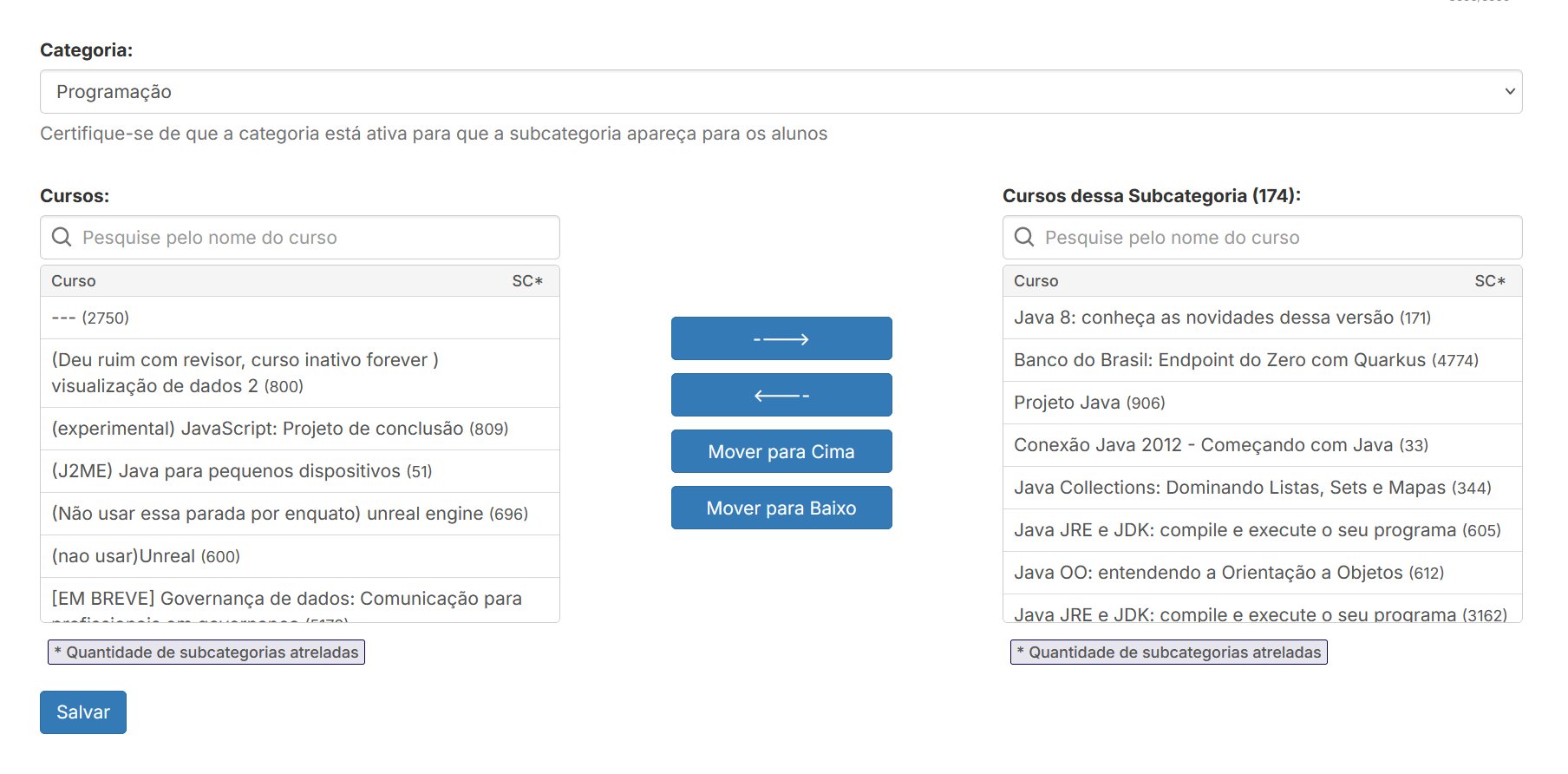 Tela de edição de subcategoria