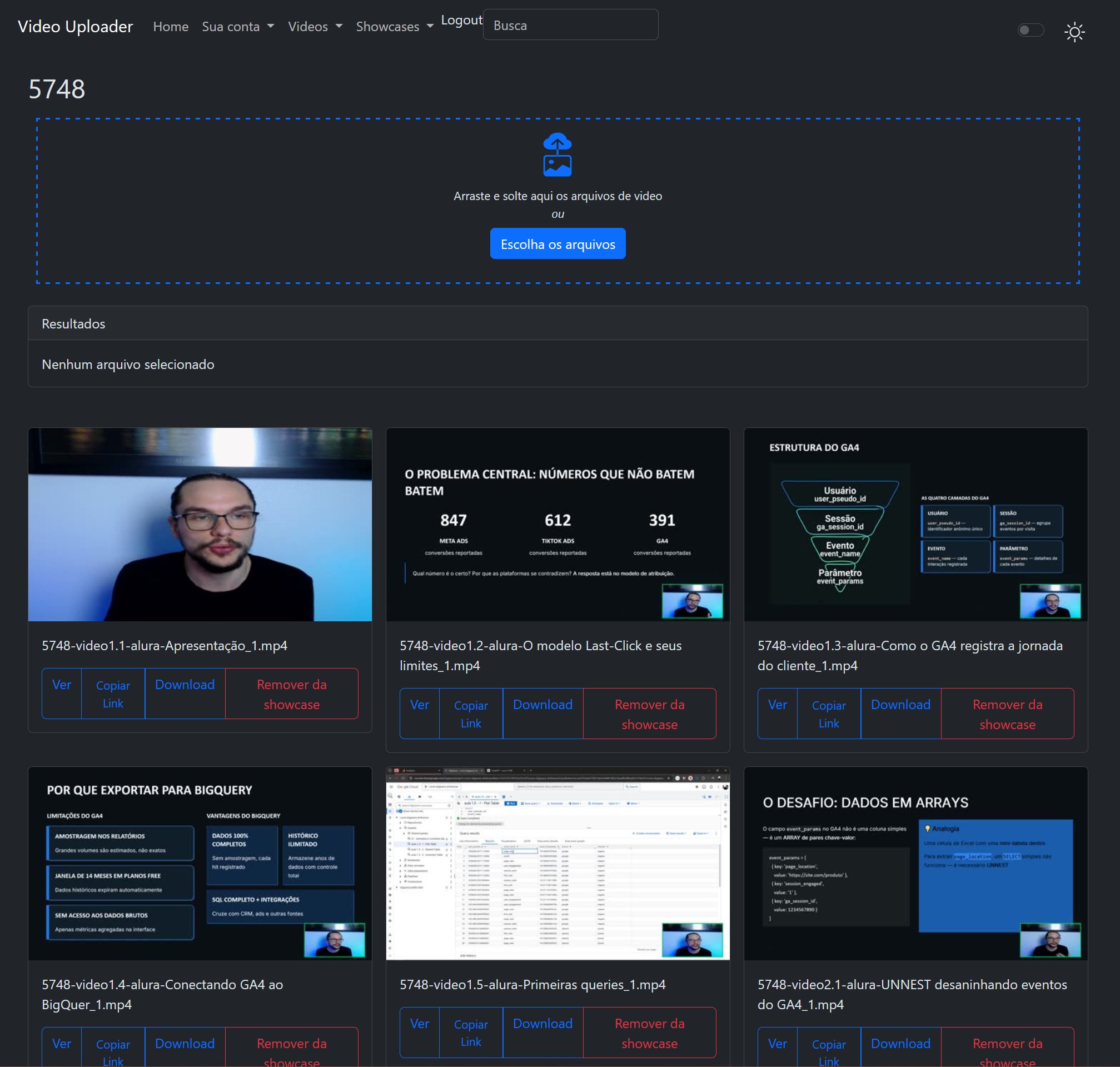 Showcase do Video Uploader com vídeos nomeados