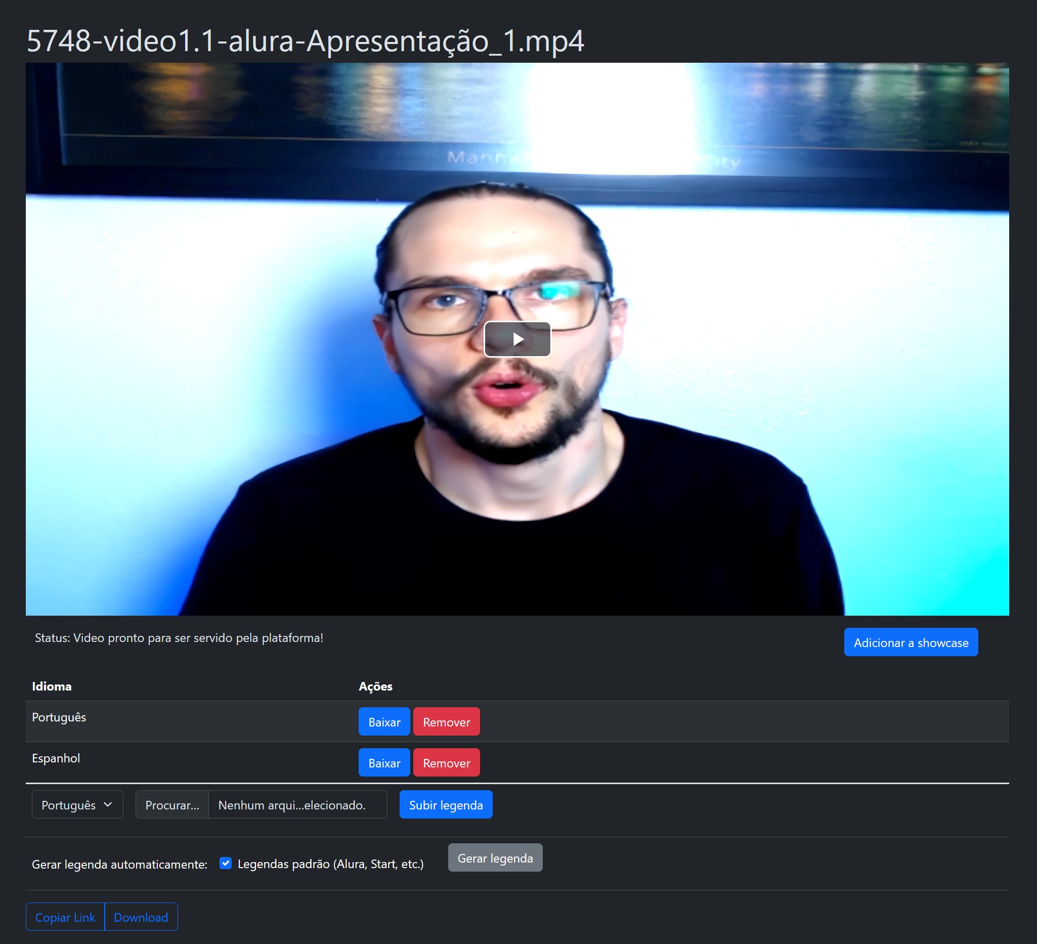 Tela de gerenciamento de vídeo no Video Uploader